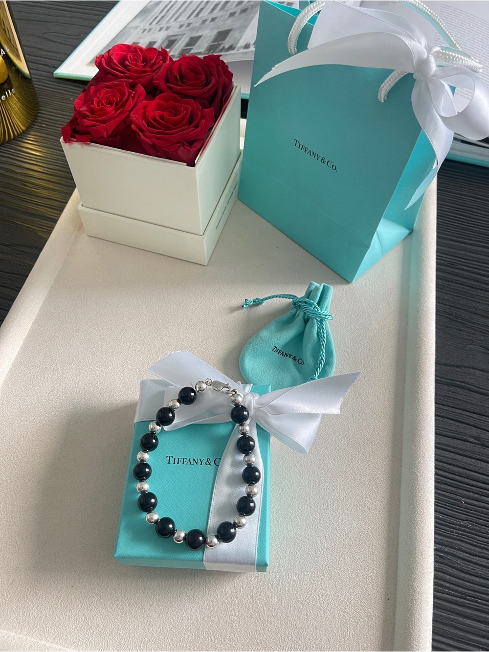 Tiffany & Co. Black Onyx Bead Bracelet Sterling Silver 10mm Size 8”